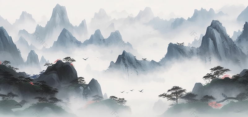 云松亭台楼阁云层中国风意境水墨画背景,插画/手绘图,插画/手绘图库,插画/手绘图下载,插画/手绘